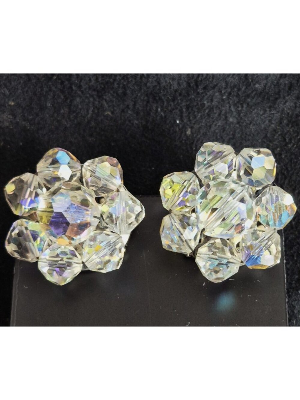 Vintage AB Aurora Borealis Faceted Plastic Bead Cluster Clip-On Earrings